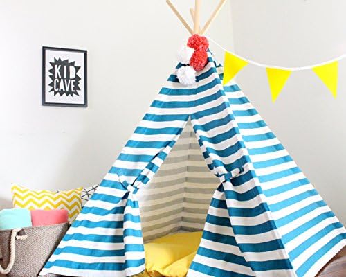 Teepee Play Tent, Turquoise and White Striped Large Play Tee Pee, Heavy Fabric, Fort, Wigwam, Playhouse