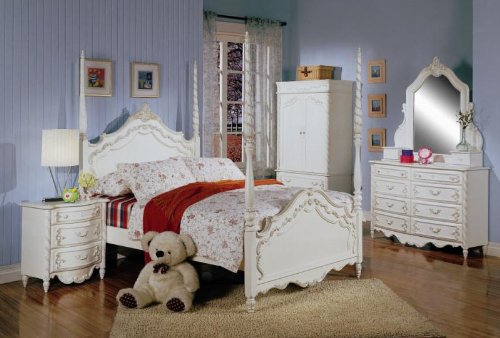 Alexandria Collection Young Girls 5PC Twin Size Poster Bed/Trundle Group in a White Pearl Finish
