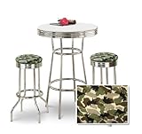 Chrome Bar Table & 2 Chrome Camouflage Wildlife Fabric Seat Barstools