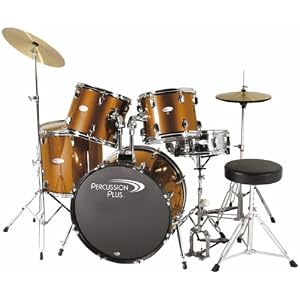 Percussion Plus Deluxe Beginner 5-Piece Drum Set w Cymbals and Throne - Metallic Bronze by