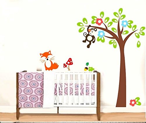 61"x 39" Forest Fox and Monkey Tree Green Wall Decal Decor Sticker for Nursery Kids' Bedroom