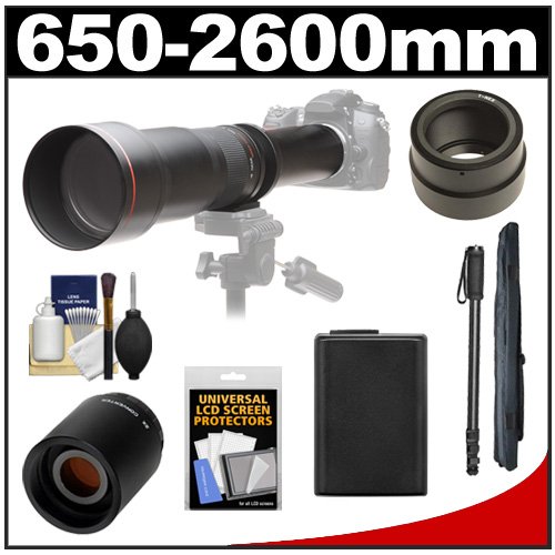 Vivitar 650-1300mm f/8-16 Telephoto Lens (Black) with 2x Teleconverter (=2600mm) + NP-FW50 Battery + Monopod + Accessory Kit for Sony Alpha NEX-C3, NEX-F3, NEX-5N, NEX-5R, NEX-6 & NEX-7 Digital Cameras On Sale
