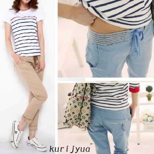 【ブルー3L】大きいサイズ☆パステルミルキーカラーで春を演出♪楽ちんウエストリブパンツ☆LL~4L