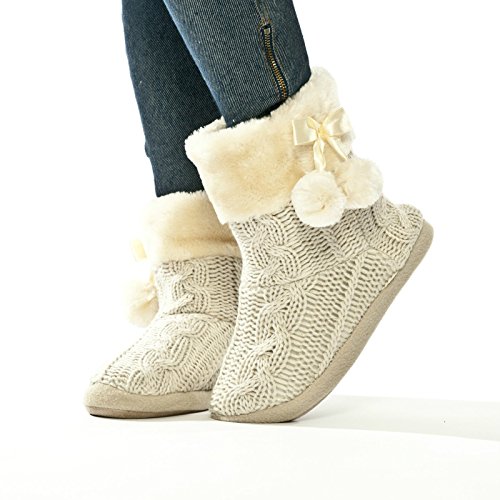 Airee Fairee® Ladies Slippers Women's Slipper Boot Faux Fur Lined with Pom Poms