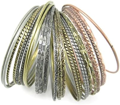New 25 Piece Tri Colored Stackable Ornate Metal Bangle Bracelet Set
