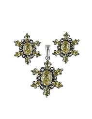 Sterling Silver Marcasite Yellow Citrine Cubic Zirconia Marquise Earring and Pendant Set