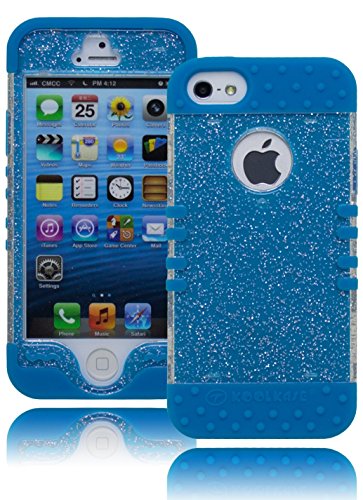 iPhone 5 Case, Bastex Heavy Duty Hybrid Protective Case - Soft Neon Blue Silicone Cover with Clear Sparkly Glitter Design Shell for Apple iPhone 5, 5S, 5G