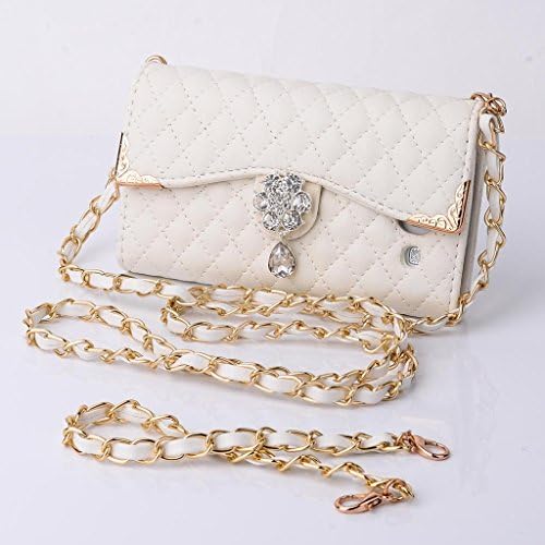 Multi-purpose Fashion Diamond Lattice Cell Phone Pouch Folio Flip PU Leather Case Wallet Cover for Samsung Galaxy S3 i9300 with Multiple ID Card Holders & Long Strap & Money Pocket & Bling Flower Design - White
