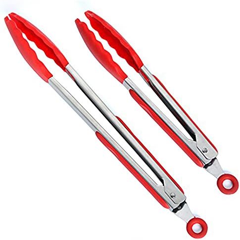 Kitchen Tongs Set by TTUPGO Stainless Stell with Silicone Tips Red - 9 and 12 Inches Salad & Grill & Bread
