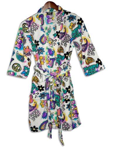 Fancy Girlz - Junior Girls Plush Fleece Hippy Robe, White, Multi (Size Medium)