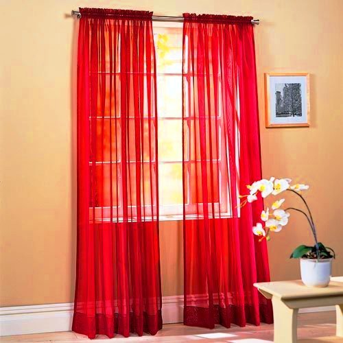 SET OF 2, 84″ LONG RED SHEER VOILE CURTAINS / TAILORED CURTAIN PANELS