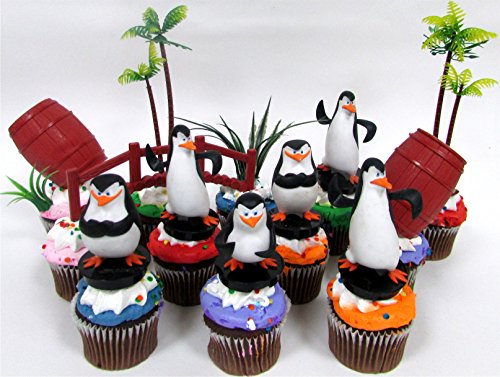 PENGUINS OF MADAGASCAR 12 Piece Birthday CUPCAKE Topper Set, Featuring 6 Random Penguin Figures and Decorative Themed Accessories - Figures Average 2