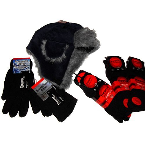 Navy trapper hat, 6 Thermal socks. Insulated gloves, Fingerless gloves
