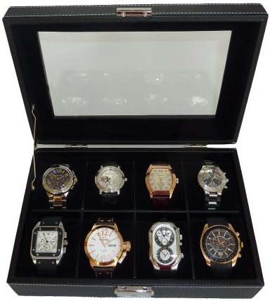 8 Piece with Black Velvet XL Oversized Large Black Leatherette Watch Display Case and Storage Organizer Box
