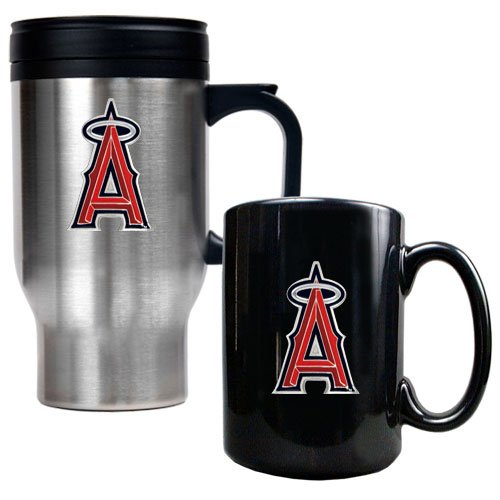 Los Angeles Angels MLB Stainless Steel Travel Mug & Black Ceramic Mug Set - Primary Logo