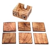 Set of 6 Wooden Coasters in Box with Carved Flower Design