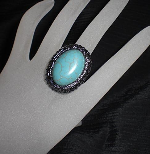Oval Blue Magnesite Metallic Black Gunmetal Pewter Stretch Ring