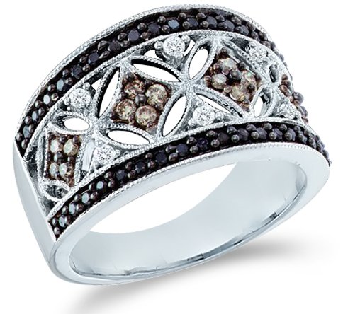 14k White Gold Large Black, Brown Chocolate & White Diamond Round Cut Womens Diamond Wedding Anniversary Fashion Ring Band (1/2 cttw, H Color, I1 Clarity)