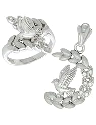 Sterling Silver Dove on Olive Branch Ring & Pendant Set CZ Stones Rhodium Finished