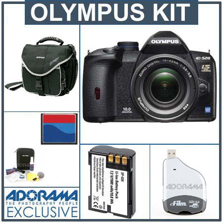 Olympus E-520 Digital SLR Camera / Lens Kit with 14-42mm Lens, 8 GB CF Memory Card, Spare BLm-1 Lithium-Ion Rechargeable Battery, Slinger Camera Bag, USB 2.0 Compact Card Reader, Professional Lens Cleaning Kit