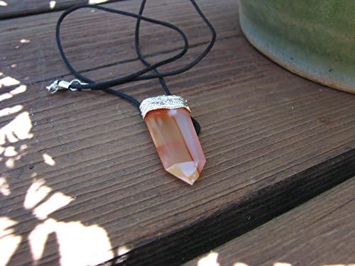 Peach Tourmaline & Silver Plated Flat Pencil Healing Pendant with Black Chord (Peach Tourmaline)