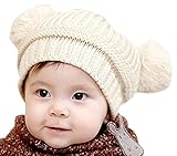 Plus Nao(プラスナオ) 子供用 帽子 ニット帽 ボンボン付き リブニット 手編み風 ニットキャップ 赤ちゃん ベビー シンプル 無地 冬帽子 - クリーム