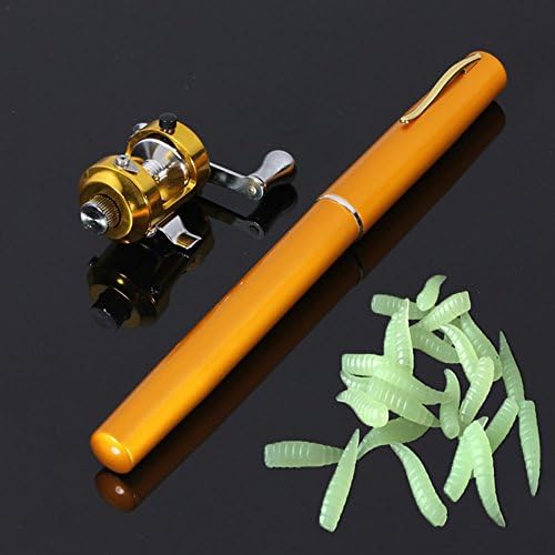 Foocc Mini Portable Pocket Pen Shape Aluminum Alloy Fishing Rod Pole Reel Combos with 25pcs Fishing Soft Lures (Yellow Rod + Gold Reel + Lures)