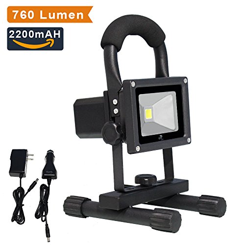 LTE 10W Cordless Outdoor Portable Rechargeable LED Work Light, 60W Halogen Bulb Equivalent, 760 Lumen, Adapter and Car Charger Included, Waterproof Floodlight, Security Lights.(Daylight White)