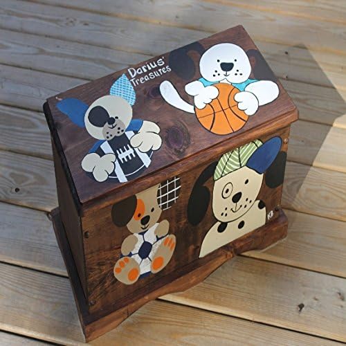 Stained Sports and Dog Theme Toy Bench, Toy Box, Treasure Chest perfect for storage organization, dress up clothes, cars, figurines, balls