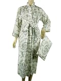 Fine Black White Floral Toile Luxury French bathrobe with travel pouch