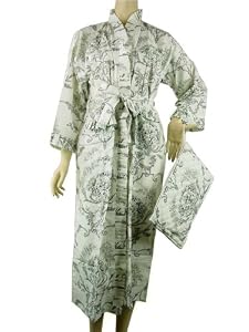 Fine Black White Floral Toile Luxury French bathrobe with travel pouch