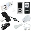 Apple iPod Nano Chromatic 4G Hard Snap on Crystal Case Clear w/ a Protective Silicone Skin Cover Black, along with a 2in1 Sync Charging USB Data Cable, USB Wall / Travel Charger, USB Car Charger, FM Transmitter, Auxiliary 3.5mm to 3.5mm MP3 Jack Cable, White Speaker Dock, and Earphones / Headphones