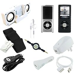 Apple iPod Nano Chromatic 4G Hard Snap on Crystal Case Clear w/ a Protective Silicone Skin Cover Black, along with a 2in1 Sync Charging USB Data Cable, USB Wall / Travel Charger, USB Car Charger, FM Transmitter, Auxiliary 3.5mm to 3.5mm MP3 Jack Cable, White Speaker Dock, and Earphones / Headphones