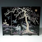 Mother of Pearl Inlay Art Pine Tree and Crane Design Decorative Black Wood Mini Folding Screen Wall Plaque Asian Oriental Home Decor