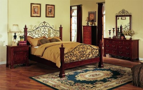 Kitchen: 5 pc metal and wood queen size bedroom set with scrolled metal HB and FB