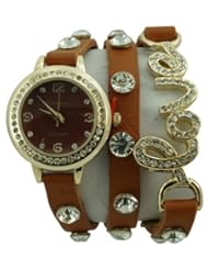 Geneva Platinum 12953612 Designer Inspired LOVE wrap around watch with Czech Rhinestones-CAMEL/GOLD