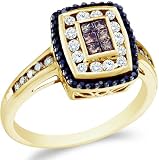14k Yellow OR White Gold Black, Brown Chocolate & White Diamond Emerald Shape Center Channel Set Princess and Round Cut Womens Diamond Engagement Wedding Anniversary Fashion Ring Band (1/2 cttw)