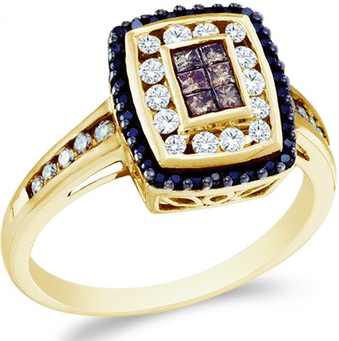 14k Yellow OR White Gold Black, Brown Chocolate & White Diamond Emerald Shape Center Channel Set Princess and Round Cut Womens Diamond Engagement Wedding Anniversary Fashion Ring Band (1/2 cttw)