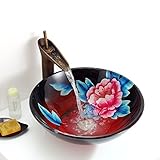 Tophome 洗面ボウル 強化ガラス製　彩色上絵 洗面台　 洗面ボール ガラス 手洗い器おしゃれ　 洗面鉢　手洗い器　手洗器 排水金具付 梅花柄