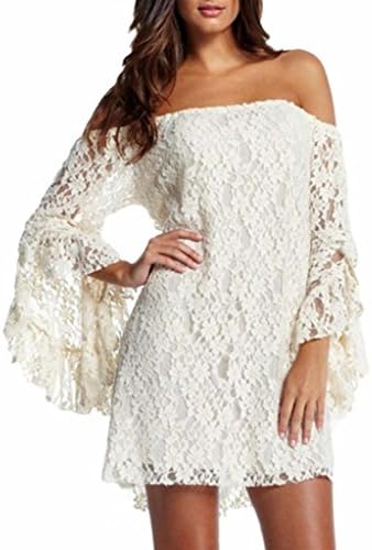 WellMiss Sexy Sweet Dolman Sleeves Wide Boat Neck Lace Short Dress White Size M