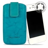 Produkt-Bild: Original Blumax &reg; Wished T&uuml;rkis Ledertasche f&uuml;r Apple iPhone 4 / iPhone 4S mit R&uuml;ckzugfunktion , Handytasche , Case , H&uuml;lle , Etui , Slide , Display Schutz , Secure (100% Passgenau !!)