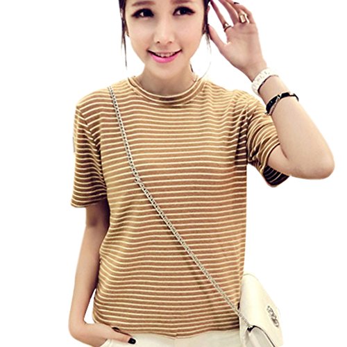 ROPALIA Women's Summer Cotton Short Sleeve Striped Casual Blouse Coffee
