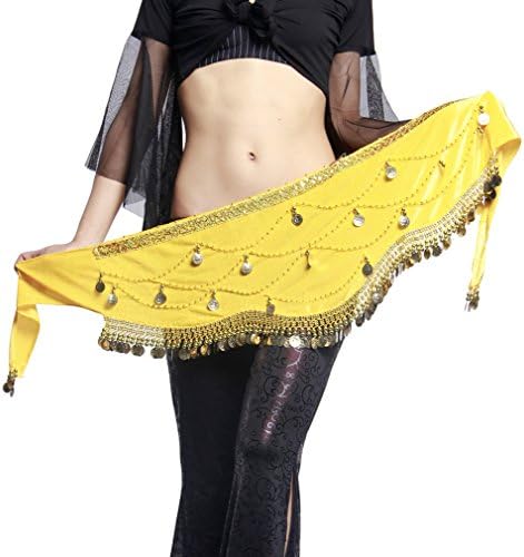UPRIVER Women's Velboa Dangling Gold Metal Coins Vogue Style Dance Hip Scarf For Belly Dance Yellow
