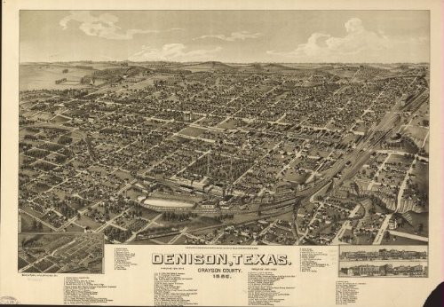 Denison, Texas, Grayson County 1886. Beck & Pauli, litho., large historic panoramic map reprint 52x36