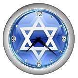 Silver Wall Clock of Jew Round Blue Jewish Star of David Hanukkah