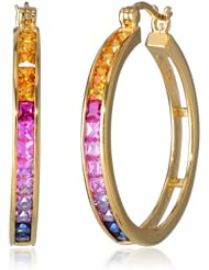 18k Yellow Gold Plated Sterling Silver Multi-Colored Created Sapphire Hoop Earrings
