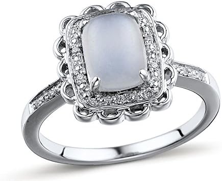 Moonstone Ring with Diamond Accent Vintage Halo and Lab Created Sapphire Accents in Sterling Silver