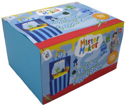Mister Maker 3D Alien Puppet Show Theatre - Kit includes craft sticks, googly eyes, pom poms, felt tips, printed card designs, cord, wool, sticker sheet, felt, glue, foam tissue and full instructions. Mister Maker 3D Alien Puppet Show Theatre - Kit includes craft sticks, googly eyes, pom poms, felt tips, printed card designs, cord, wool, sticker sheet, felt, glue, foam tissue and full instructions.