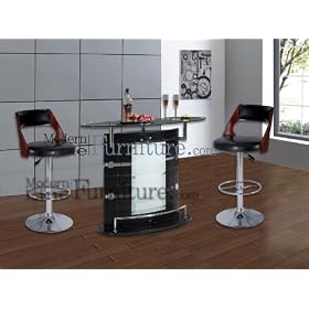 Modern Furniture Black Bar Table with Two Mahogany Colored and Brown Leather Bar Stools by ModernLineFurniture