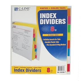 C-Line Colored Tab Paper Index Dividers, Multi-color, 8-Pack, Fits Standard 3-Ring Binder, 05380